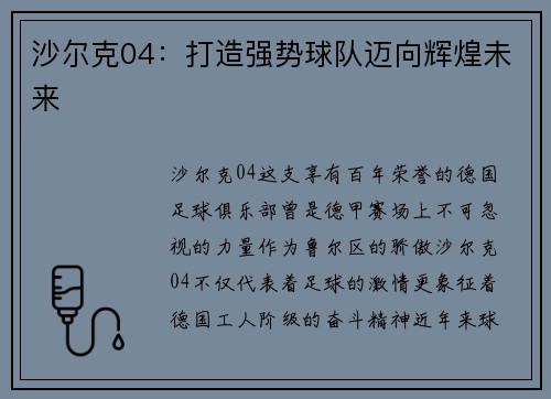 沙尔克04：打造强势球队迈向辉煌未来